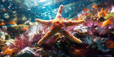 starfish on the rocks in the water of a vibrant thriving coral reef 