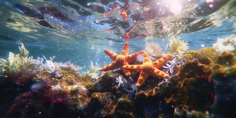 starfish on the rocks in the water of a vibrant thriving coral reef 