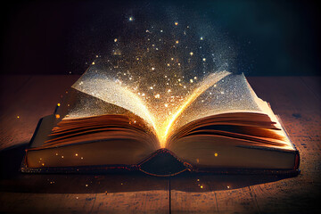 Book With Open Pages on dark background. Generative Ai