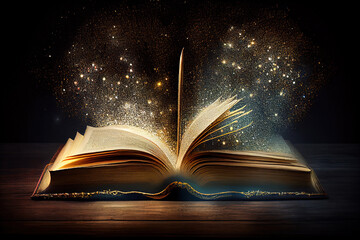 Book With Open Pages on dark background. Generative Ai