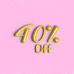 40% off, 3D shiny gold text 40 percent off isolated on pink background, 3D mega sale 40% offer, Sale offer price sign, Special offer symbol. Discount promotion. Discount, Editable vector illustration

