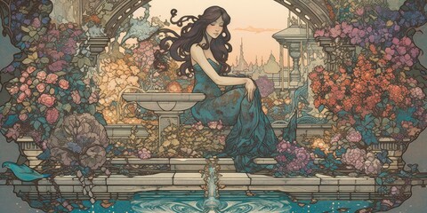 Art Nouveau print of a young woman sitting on a bench - generative ai	