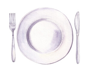 Watercolor illustration of empty plate, knife and fork