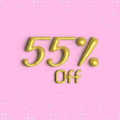 55% off, 3D shiny gold text 55 percent off isolated on pink background, 3D mega sale 55% offer, Sale offer price sign, Special offer symbol. Discount promotion. Discount, Editable vector illustration
