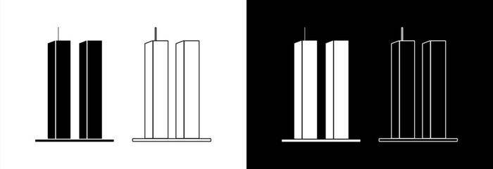 Two skyscrapers on a white and black background. Icon in black fill and stroke.
