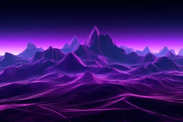 Foto auf Acrylglas Violett Background of metaverse landscape with big mountains and a deep blue sky with stars and purple