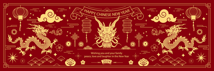 Fototapeta Happy chinese new year 2024 the dragon zodiac sign with clouds, lantern, asian elements gold paper cut style on color background. Year of the dragon banner	
 obraz