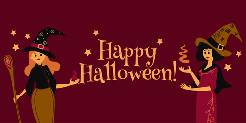 Happy Halloween greeting card. Holiday decoration. Boo Trick or treat. Vector illustration.