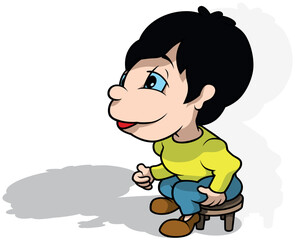 Black-haired Little Boy Sitting on a Wooden Stool