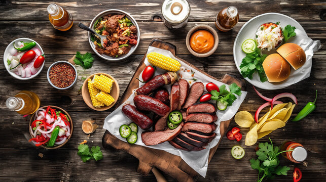 Texas style barbecue meal with fixings, BBQ, flat lay, top view on wooden background, ai illustration 