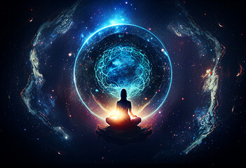 meditating in lotus position with sphere in space. Generative AI