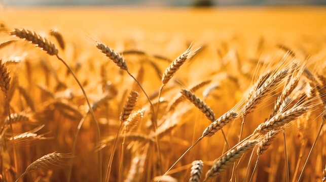 Wheat field. Beautiful Nature Sunset Landscape. Background of ripening ears of wheat field. Label art design. Generative Ai.