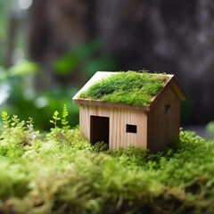 Fototapeta na wymiar Small Wooden House Nestled on Mossy Ground in a Serene Setting. Generative AI