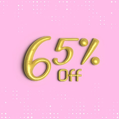 65% off, 3D shiny gold text 65 percent off isolated on pink background, 3D mega sale 65% offer, Sale offer price sign, Special offer symbol. Discount promotion. Discount, Editable vector illustration
