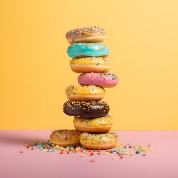 Vibrant Donuts Stacked on Colored Background  Generative AI