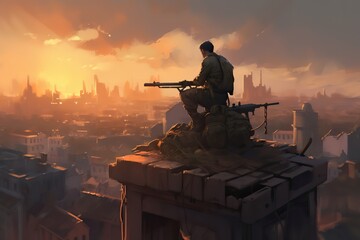 Illustration of A standby soldier on a rooftop, operating a heavy machine gun, Generative AI