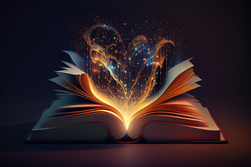 Education and book concept close up hand holding open book with magic lights. Generative Ai