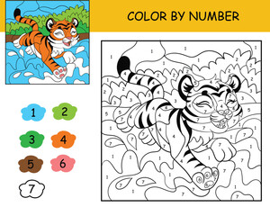 Kids coloring by number joyful tiger vector illustration