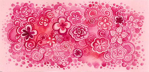 Pattern of pink flowers and ornament. Circles, dots, spirals, swirls, decorative elements. Different shades of pink.