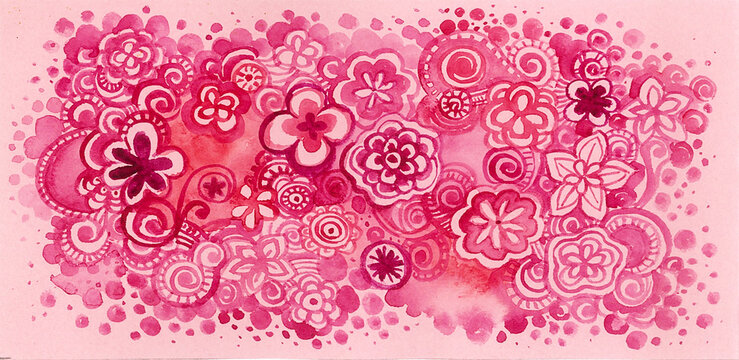 Pattern of pink flowers and ornament. Circles, dots, spirals, swirls, decorative elements. Different shades of pink.