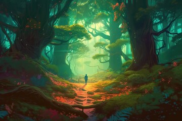 Fototapeta na wymiar Illustration of A fantasy high-tech forest with glowing pathways, Generative AI