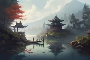 Obraz premium Illustration of A mystical lake shrouded in mist, with a traditional Japanese shrine, Generative AI