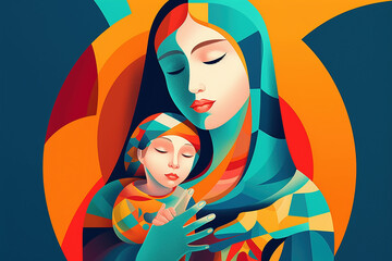 Abstract style illustration of a woman, in the style of madonna and child, bright colors, bold shapes, folk art, religious iconography.  Generative AI.