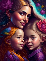 3D Colorful Illustration for Mother's Day Celebration, Mom and Child Hugging, Floral Frame, Modern Bright Shiny Colour, Generative AI