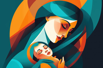 Abstract style illustration of a woman, in the style of madonna and child, bright colors, bold shapes, folk art, religious iconography.  Generative AI.