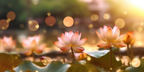 Obraz na płótnie Canvas Lotus flower plants in garden pond with blurred background. Generative AI.