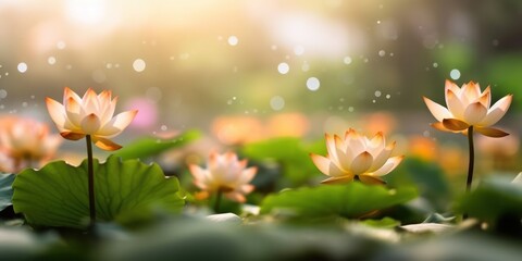 Fototapeta na wymiar Lotus flower plants in garden pond with blurred background. Generative AI.