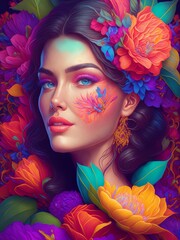 3D Colorful Illustration of Beautiful Woman, Floral Frame, Magical Modern Bright Shiny Colour Make-Up, Generative AI