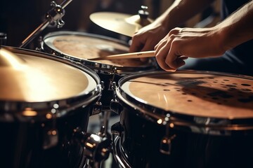 Obraz na płótnie Canvas Close Up Of a The drummer plays the drums - Generative AI