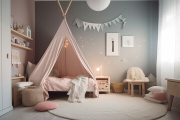 Scandinavian Design Kids Bedroom with Soft Lighting and Canopy Tent Bed, Generative AI	