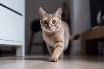 Cute Cat Running in Living Room Close Up. Pet Animal Close Up in Beautiful House. Generative AI illustrations.