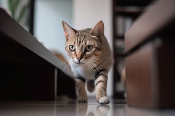 Cute Cat Running in Living Room Close Up. Pet Animal Close Up in Beautiful House. Generative AI illustrations.