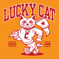 Lucky Cat Mascot Character Design in Sport Vintage Athletic Style Vector Design