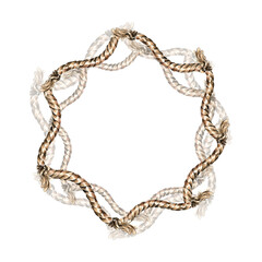 Circle frame of ship rope watercolor illustration isolated on white. Lasso,navy rope, nautical style hand drawn. Design element for boy, adventure collection, cowboy style