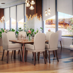Laid Table Inside a Modern Outlook Restaurant in Natural Interior Design - depht of field 3D Visualization