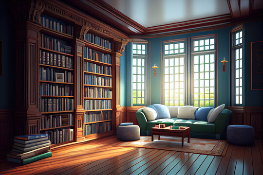 interior bookshelf room library. Generative Ai