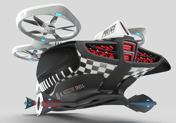 3D illustration of a conceptual flying multifunctional police quadcopter, designed for two passengers.