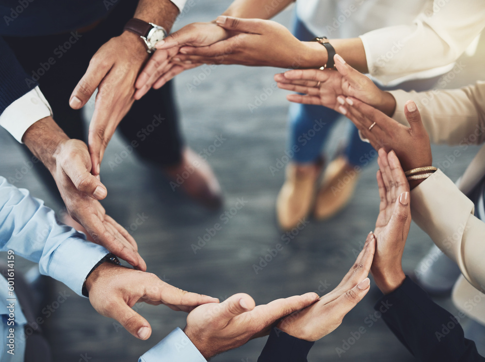 Poster collaboration, diversity and business people with their hands together in a circle for unity. teamwo