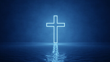 Jesus cross symbol with emitting light on a holy water place 3D 