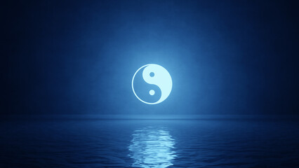 yin yang symbol with blue emitting light in a peaceful place with water © Bhagath