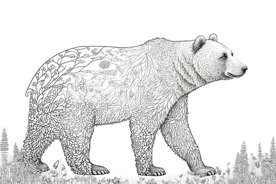 Brown bear. Black and white coloring page created with generative AI technology.
