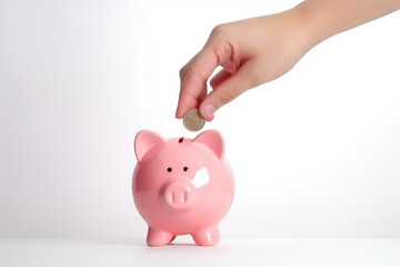 Rosa Sparschwein wird von einer Hand mit einer Münze gefüttert vor weißem Hintergrund - Generative AI