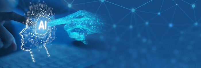 AI, Machine learning, Hands of robot and human touching on big data network connection background, Science and artificial intelligence technology, innovation and futuristic.	