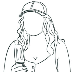 Beautiful girl with ice-cream. Summer vector illustration, line art.