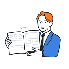 パンフレットを持って説明する若いビジネスマンのシンプルなベクターイラスト素材