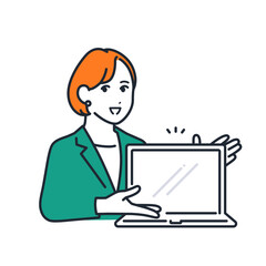 PCの画面を見せながら説明する若いビジネスウーマンのシンプルなベクターイラスト素材